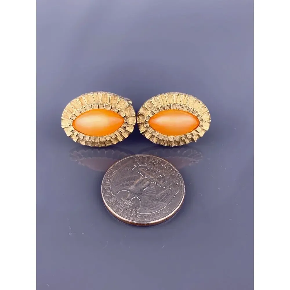 Orange Cabochon Cats Eye Cufflinks Gold Tone Mid Century Modernist Vintage
